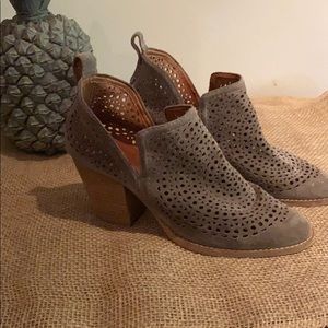 TAUPE SUEDE CUTOUT BOOTIES BY JEFFREY CAMPBELL